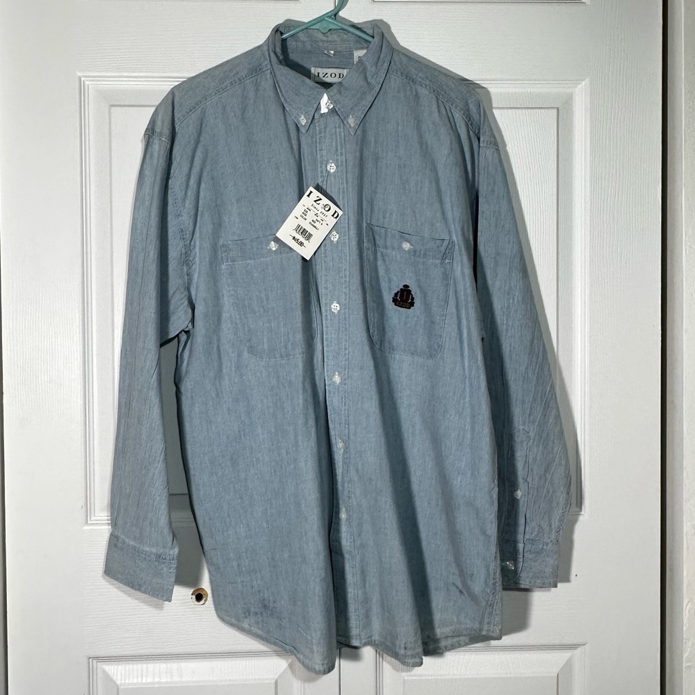 Izod Chambray Button Down Shirt Blue Long Sleeve Size Medium NWT Mens